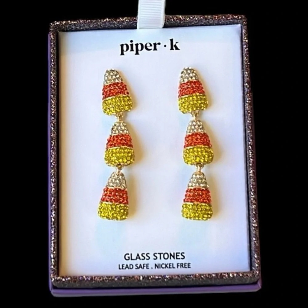 PIPER K Halloween Linear Triple Candy Corn Dangle Drop Crystal Earrings NEW NWT - Picture 2 of 4